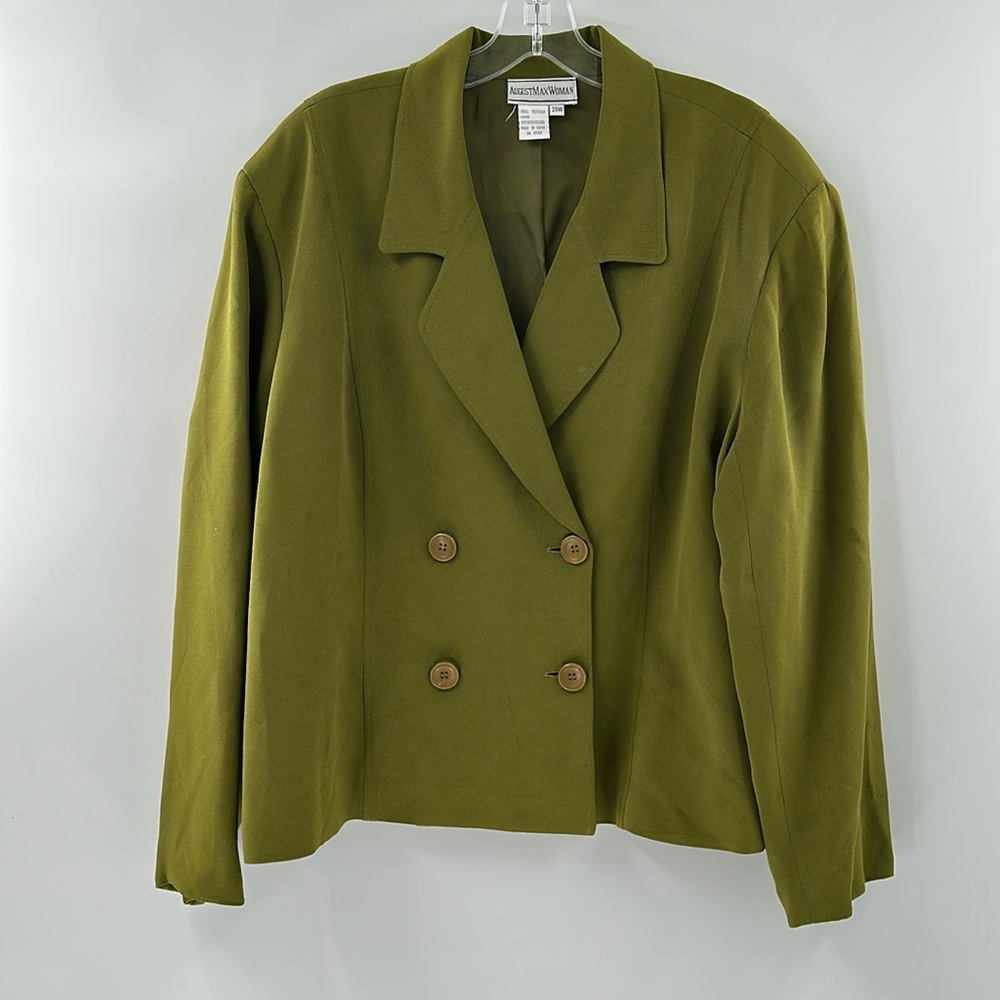 August Max Woman 100% Silk Olive Green Double-Breasted Blazer - Size 20W